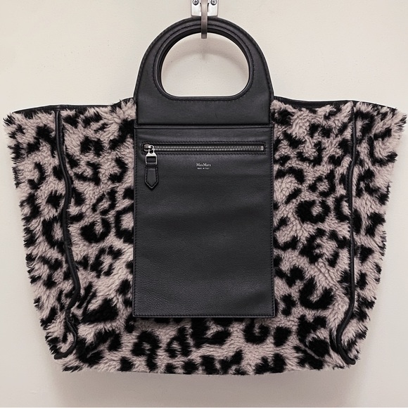 MaxMara Grace Reversible Black Grey Leopard Shearling Suede Leather Carryall Bag - Picture 4 of 10